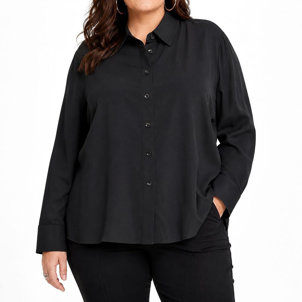 Chico's Womens Size 3.5 18 Button Down Shirt Black Cotton Stretch Blouse NWT